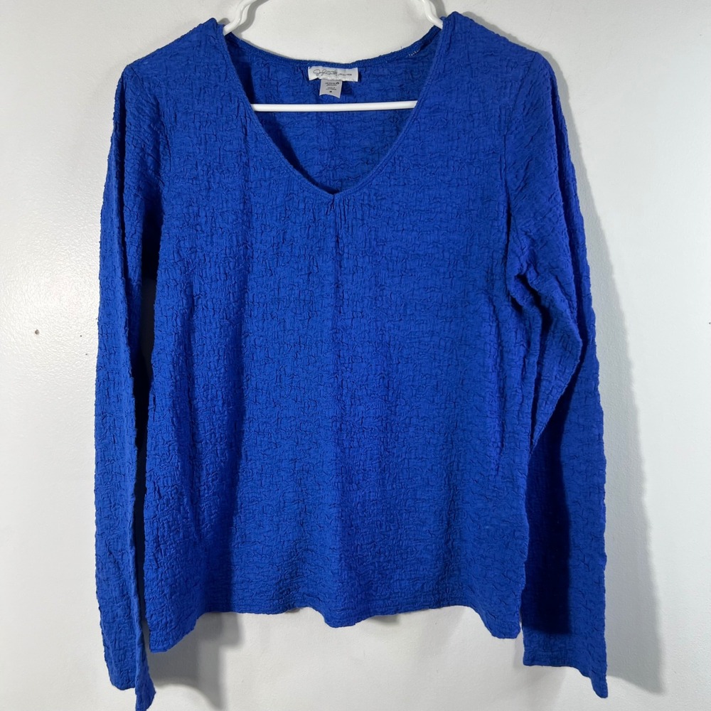 Jaclyn Smith Collection Long Sleeve Crinkle Top M Blue Cotton Nylon Spandex
